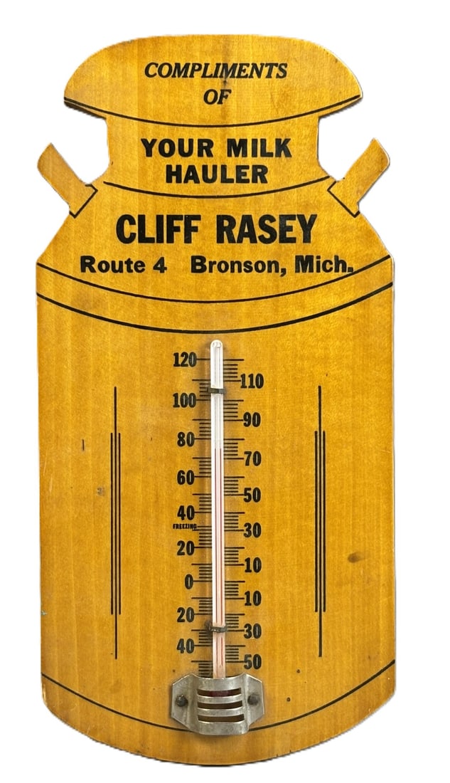 Cliff Rasey Your Milk Hauler Route 4 Bronson Michigan 30s Wooden Thermometer: Measures 4" x 8"