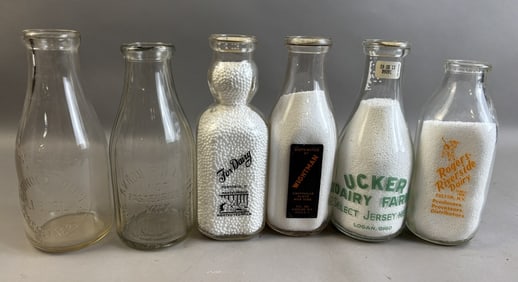 Lot 6 Glass Milk Bottles Akron Pure Elmwood Dairy NY Fox Wightman Ucker Rogers Riversie