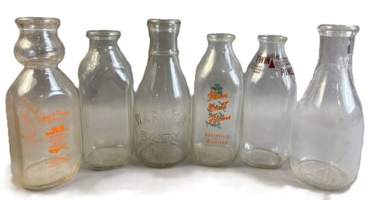 Lot 6 Glass Milk Bottles Warner Dairy Gold Leaf Farm Crest Northville