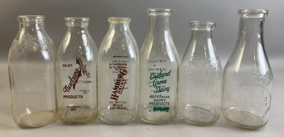 Lot 6 Milk Bottles Newburg Plymouth Hamburg Dairy Orchard Grove Creamline Embossed