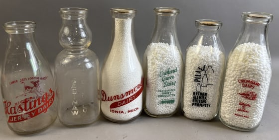 Lot 6 Milk Bottles Hastings Jersey Saginaw Dunsmore Ideal Manistee Chickagami Dairy