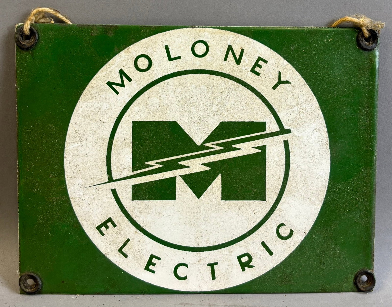 Moloney Electric SSP Porcelain Lightning Bolt Fence Advertising Sign: 8" x 6"