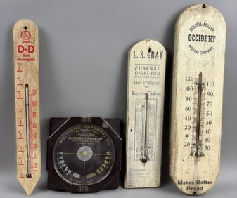 Antique Lot 4 Original Thermometers Russell Miller Occident Flour Funeral Director Shell