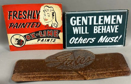 Lot 3 Advertising Signs Ox-Line Cardboard Paints & Gates Metal Rack Topper
