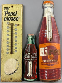 Lot 3 Soda Pop Thermometers Hires Coca Cola & Pepsi Metal Advertising Signs