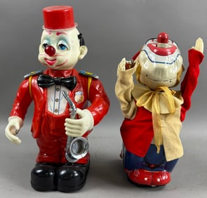 Pair Tin 1950s Battery Operated Metal & Plastic Clowns