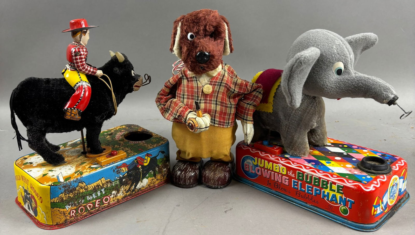Lot 3 Tin Battery Operated Wild West Rodeo Jumbo Bubble Blowing Elephant: Roughly 6.5" x 8.5" largest