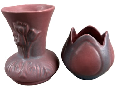 Pair Van Briggle Mulberry Anemone & Tulip Vase Art Pottery