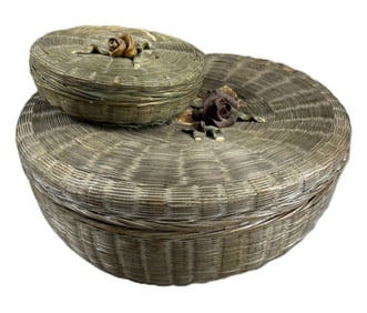 19th Century Pair Woven Sewing Baskets w/ Applied Flowers