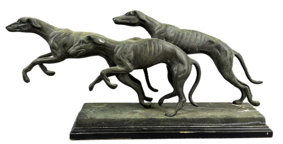 Antique Early 20th Century Bronze Set Whippets w/ Marble Base