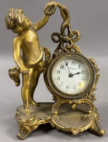 Antique Early 1900s New Haven Conn Brass Clock w/ Cherubs
