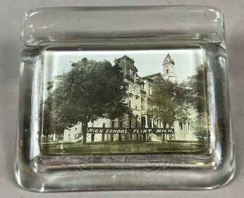 Early 1900s Flint High School Paperweight w/ Fountain Pen Holder