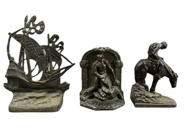Antique Lot 3 1900s Ornate Brass Indian Ship & Fighting Men Bookends