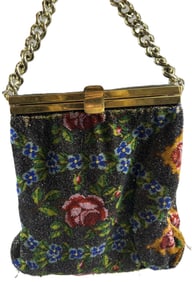Antique Victorian Beaded Purse w/ Floral Roses Motif & Heavy Braided Chain