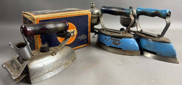 Lot 3 Irons Coleman Lamp Blue Enamel Gas Sad Irons & Hotpoint w/ Box