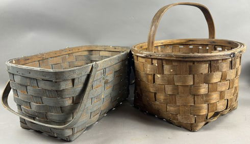 Pair Antique Early Woven Fruit Produce Wooden Baskets Grey Painted