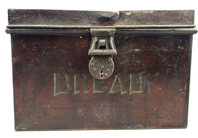Antique Red Painted Metal Bread Box w/ Pluto Lock
