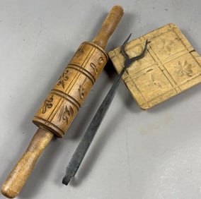 Primitive Lot Antique Butter Mold Cookie Press & Wrought Iron Prong