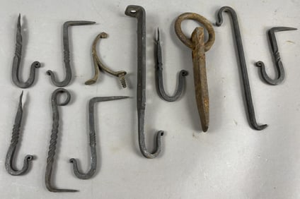 Antique 19th Century Lot 11 Wrought Iron Hand Hammered Hooks