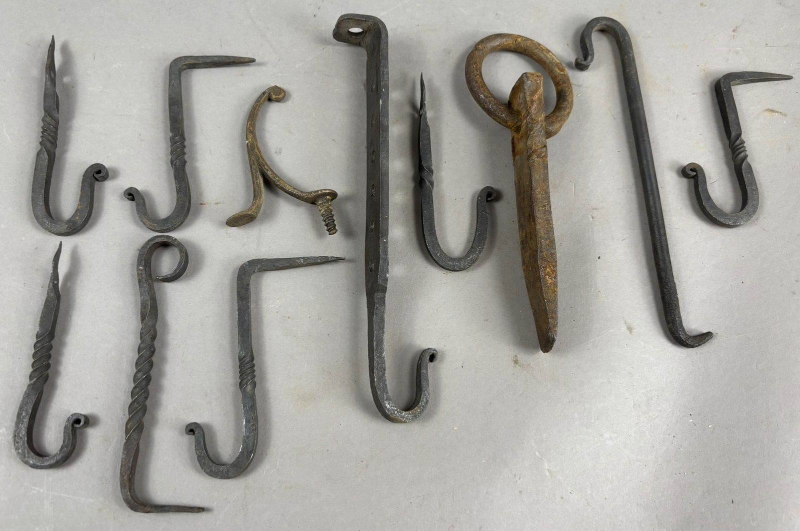 Antique 19th Century Lot 11 Wrought Iron Hand Hammered Hooks: Measurements in photos.