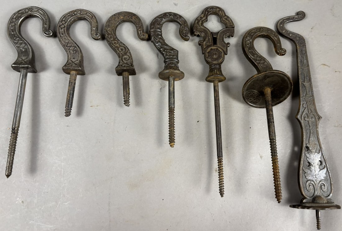 Antique Eastlake Victorian Lot 7 Fancy Cast Iron Hooks: Longest is 10"