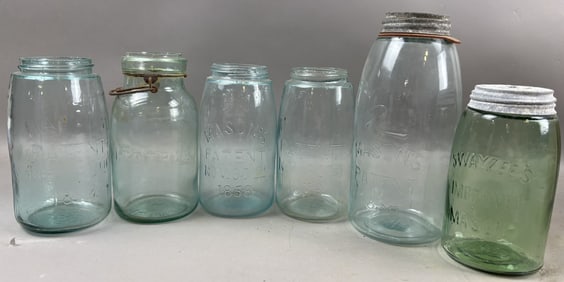 Lot 6 Antique Mason's Swayzee's Ball Pat'd 1858 Glass Jars