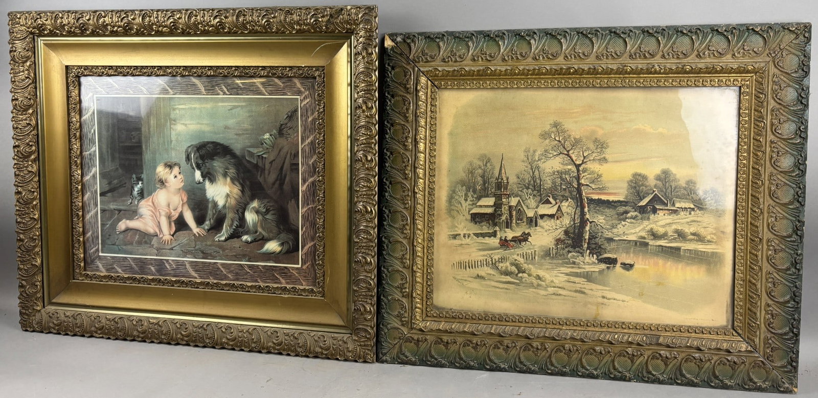 Pair 19th Century Antique Original Framed Victorian Scenes Litho Artwork: Largest frame 29.5" x 25.5"