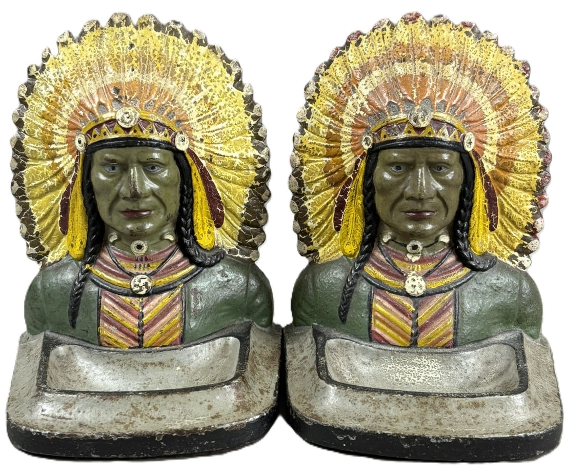 Antique Native American Cast Iron Original Painted Indian Chief Bookends (1 of 15)