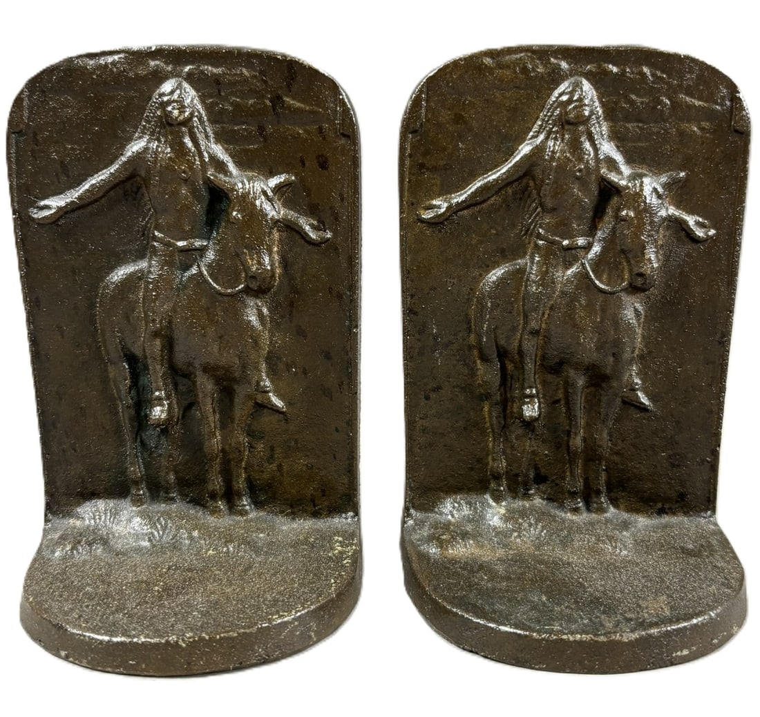 Pair Antique Solid Bronze Native American Chief On Horse Hand Hammered Bookends (1 of 19)
