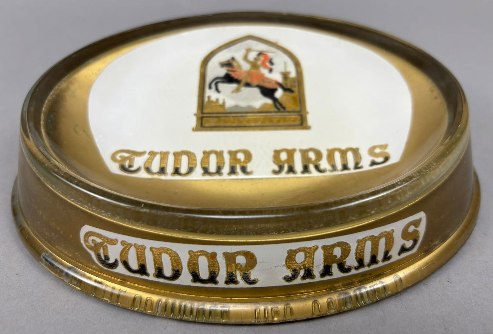 Tudor Arms Original Foil Applied 1930s Advertising Glass Cigar Ashtrays: 7.625" x 6" x 2"