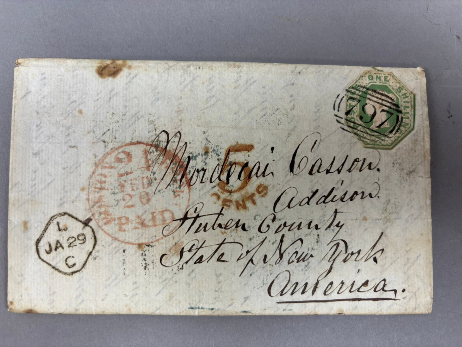 Jan 25 1856 Thorne England to America New York Hand Written Letter: 19.25" x 13.5" - one shilling stamp