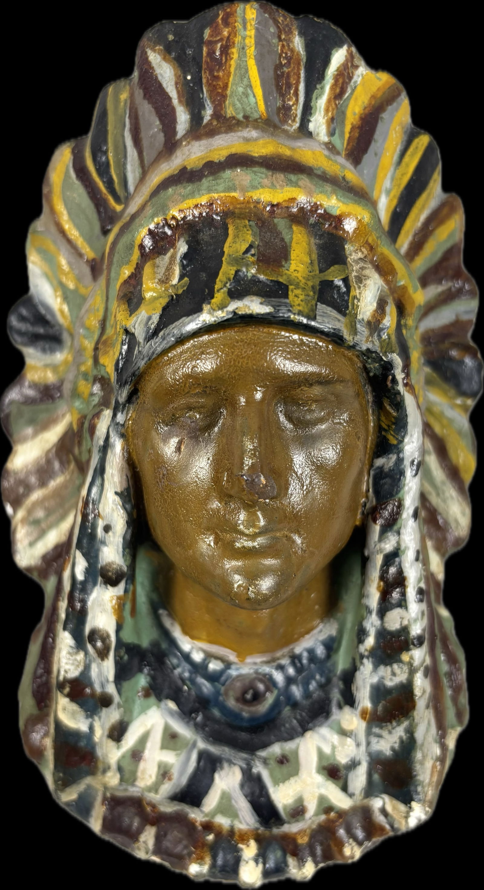 Antique Early 1900s Hand Painted Plaster Native America w/ Headdress Planter: 7.5" tall x 5" x 3.5"