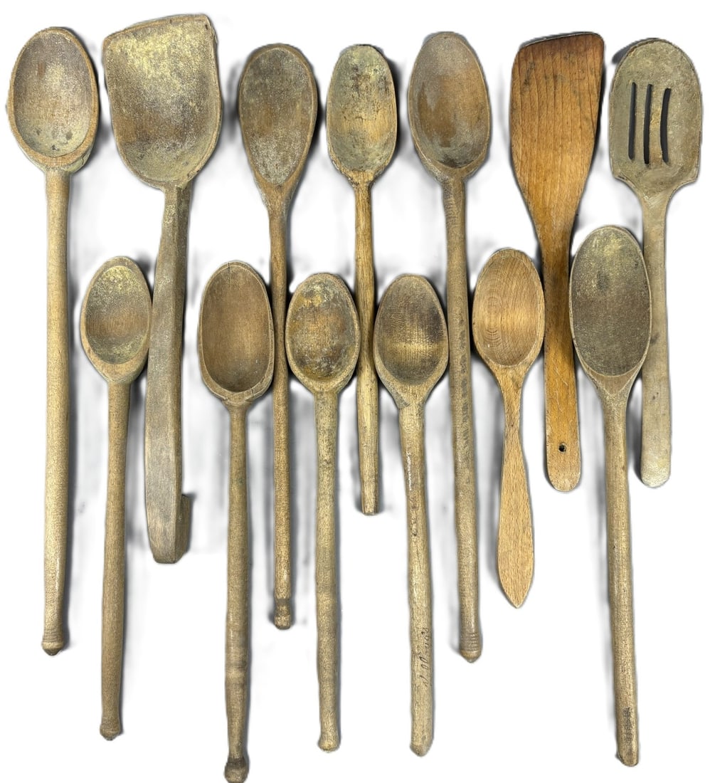 Antique Wooden Lot 13 Original Primitive Spoons Ladles Utensils (1 of 10)