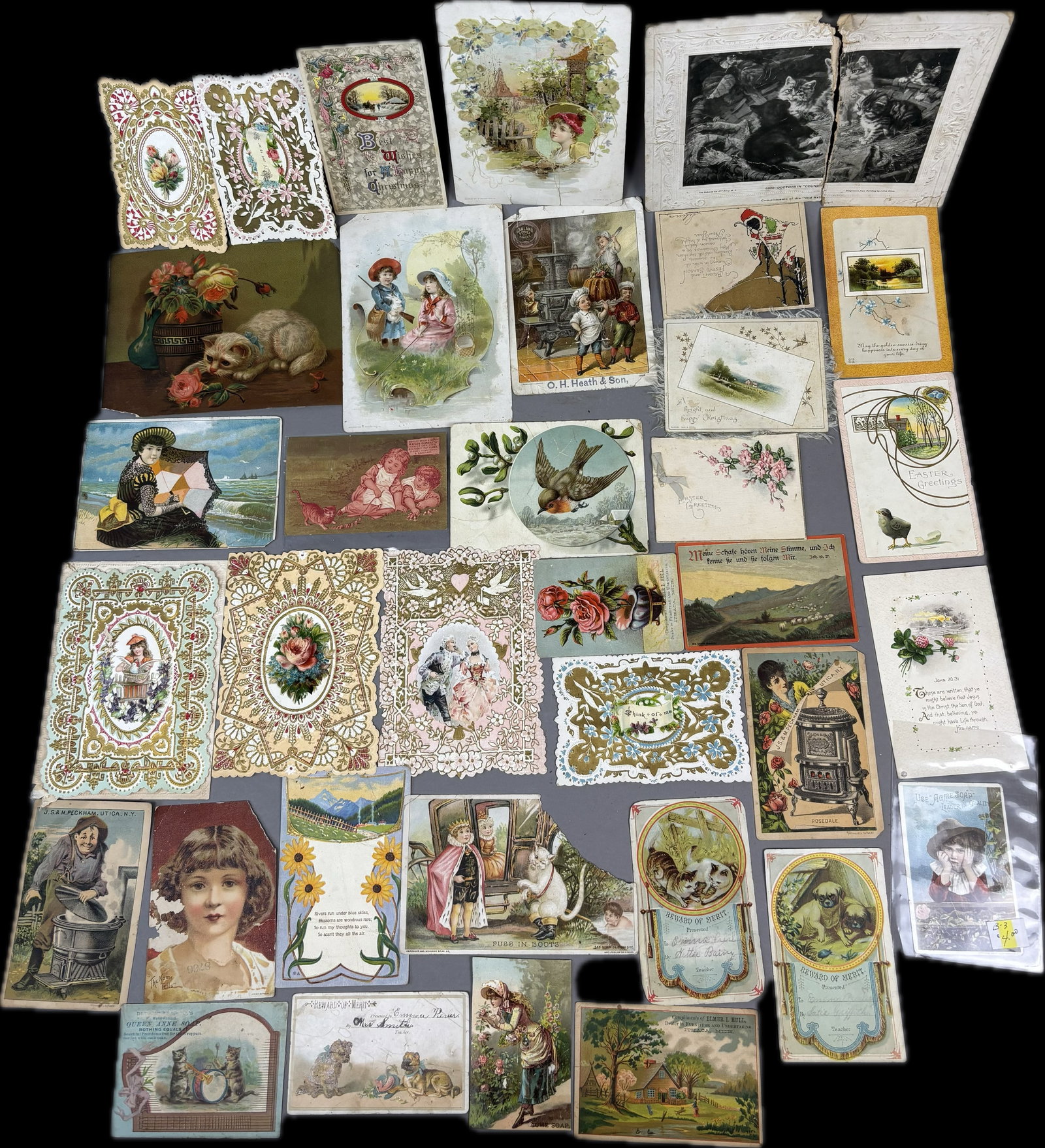 Antique Lot 35 Early Victorian Trade Cards & Ornate Greeting Cards: 35 total