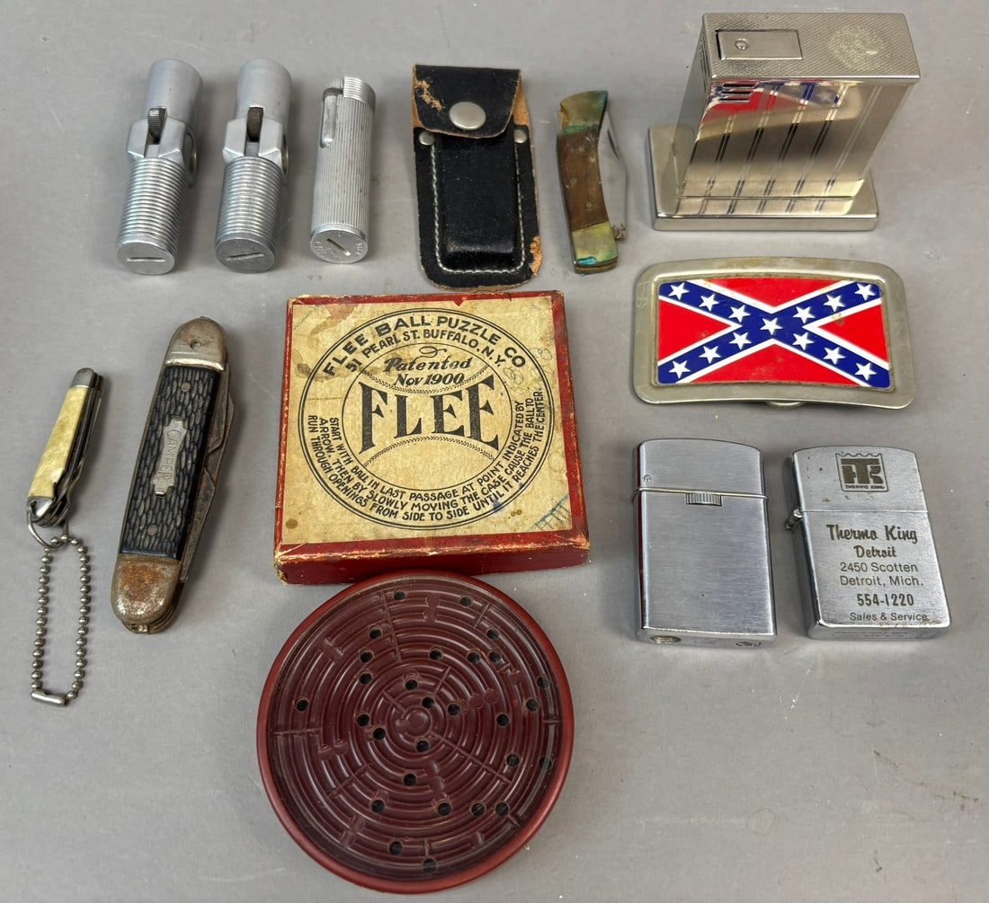 Lot 11 Antique Lighters Rebel Belt Buckle Pocket Knifes & Flee Ball Puzzle Game w/ Box (1 of 19)