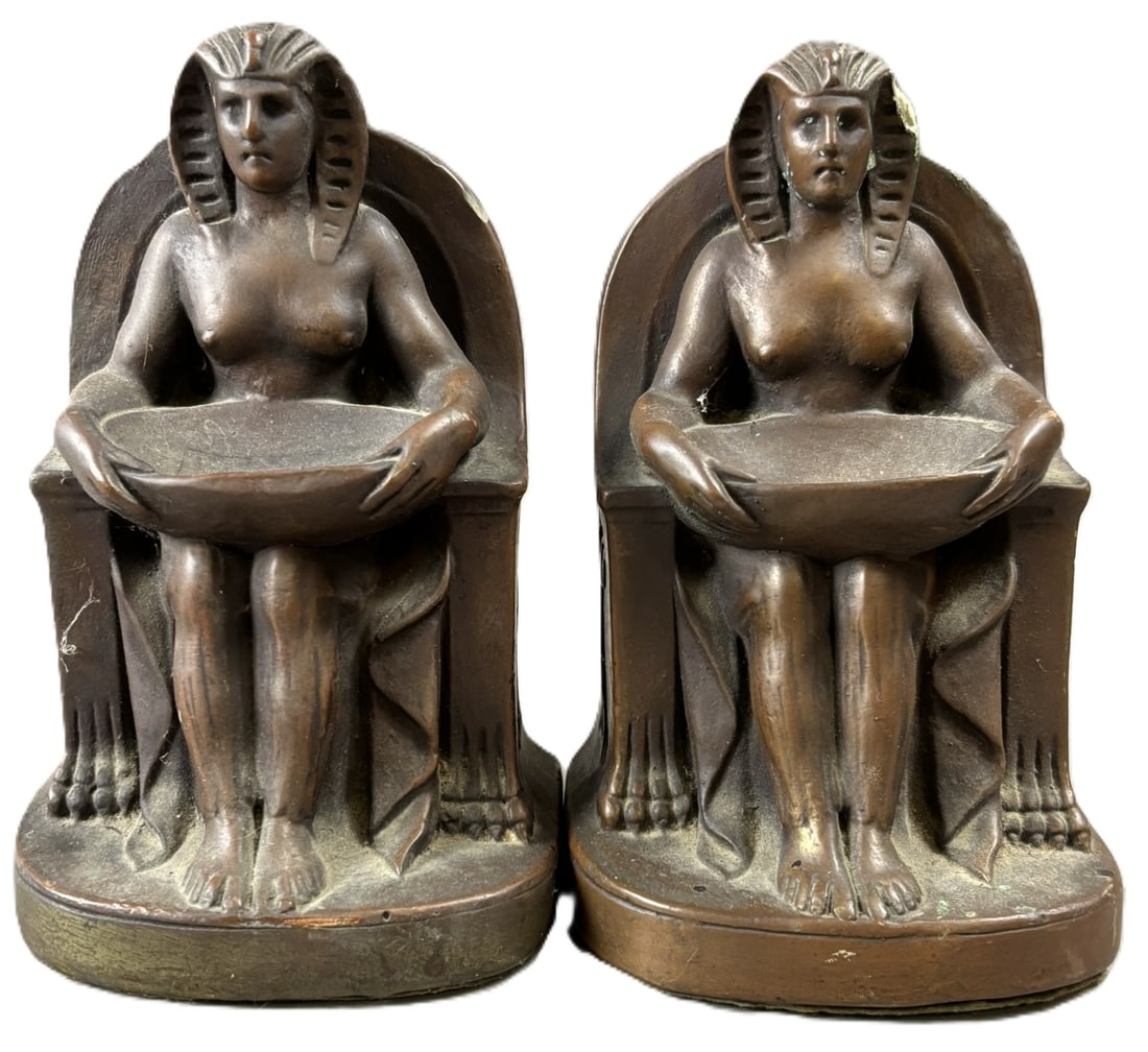 Egyptian Revival Antique Pair Brass Bronze Figrual Pharoah Bookends: 4" x 6.5" x 3.5"