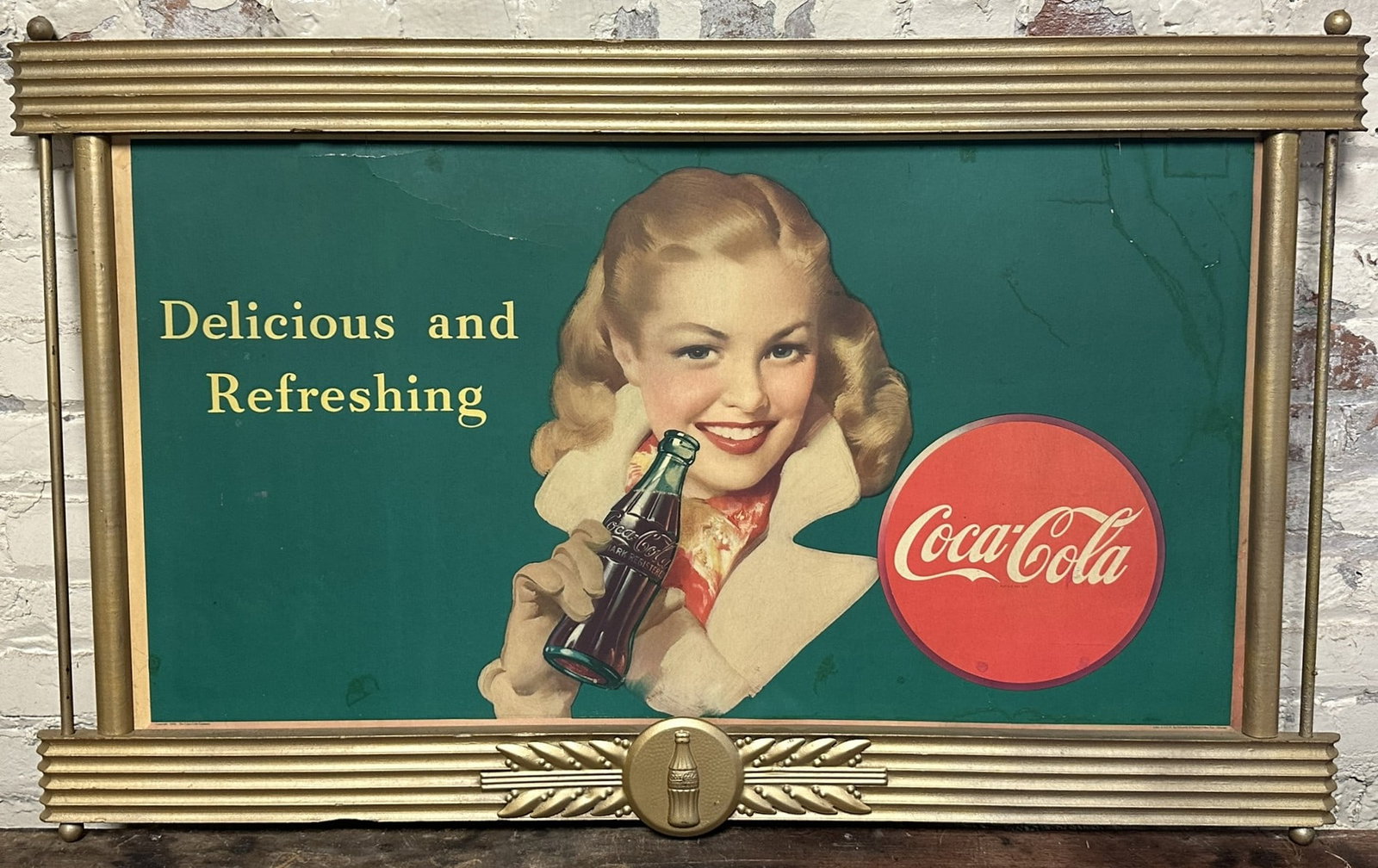 1948 Delicious & Refreshing Original Cardboard Advertising Sign w/ Kay Frame: 35" x 18.75" interior, overall 25" x 41"