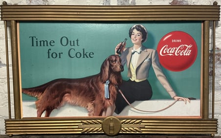 1950 Time Out For Coke Dog w/ Beautiful Woman Cardboard w/ Kay Frame Sign