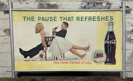1960s Coca Cola The Pause That Refreshes 2 Sided Cardboard Sign w/ Frame