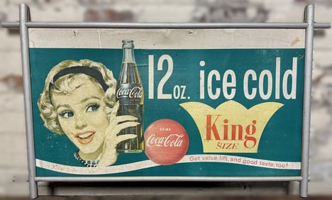 1959 King Size 12oz Ice Cold Coca Cola Cardboard Sign w/ Aluminum Frame