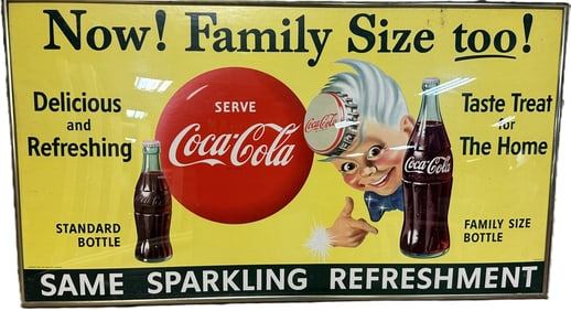 1955 Sparkling Refreshment Coca Cola Cardboard Advertising Sign w/ Sprite Boy