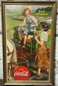 1943 Work Refreshed Drink Coca Cola Original Cardboard Farming Advertising sign