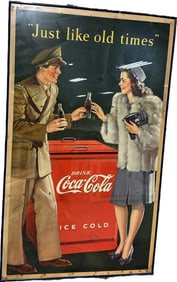 1944 Just Like Old Times Drink Coca Cola WW2 Cardboard Advertising Sign