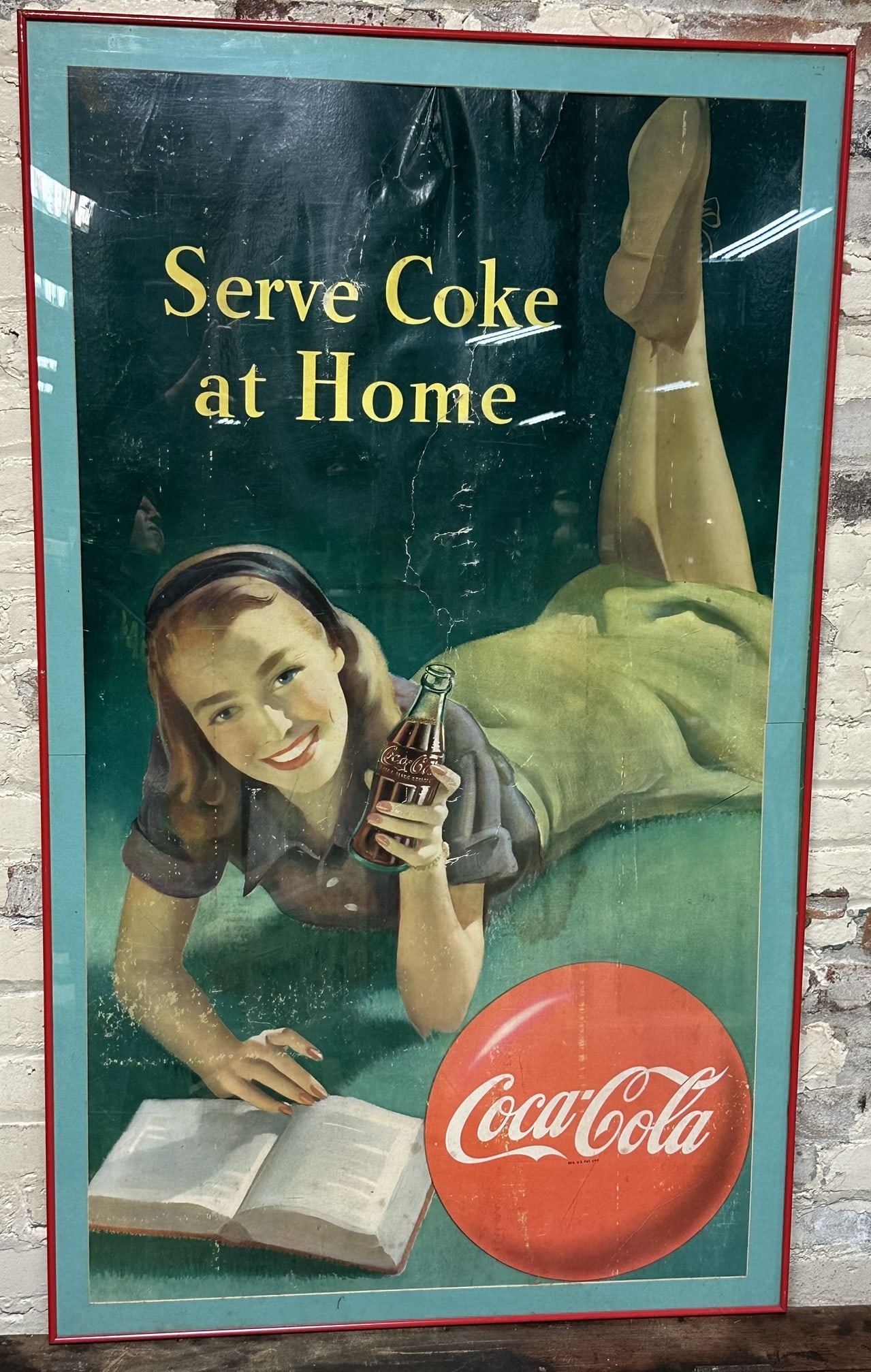 1949 Serve Coke At Home Cardboard Advertising Sign: 30" x 50.25" overall size