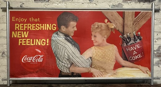 1960s Enjoy Refreshing 2 Sided Cardboard Advertising Aluminum Frame Sign