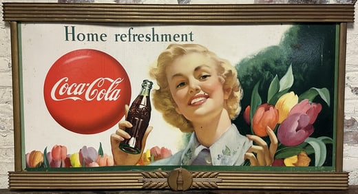 Home Refreshment Coca Cola Cardboard Advertising Sign w/ Kay Frame
