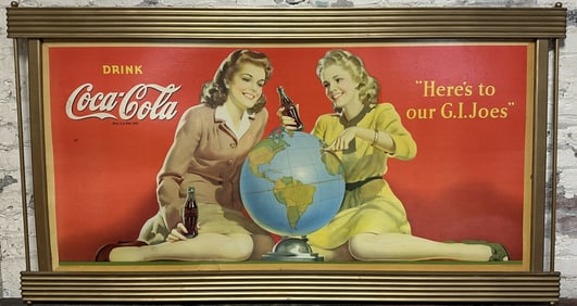1944 Drink Coca-Cola Here's To Our G.I. Joes Cardboard Sign w/ Original Kay Frame