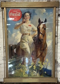 1937 Drink Coca Cola Cardboard Advertising Sign w/ Kay Frame Horse & Woman