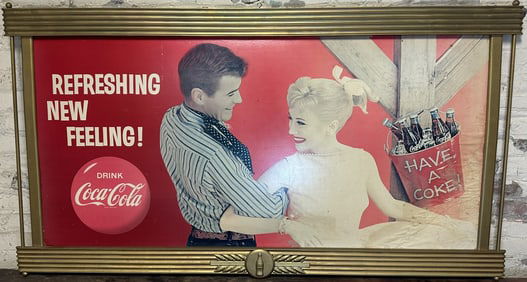Refreshing New Feeling 50s Cardboard Advertising Sign w/ Kay Frame
