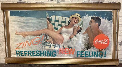 1960 Zing Refreshing New Feeling Cardboard Advertising Sign w/ Kay Frame